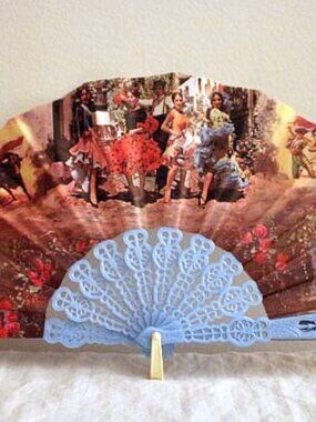 Spanish Handheld Fabric Folding Fan Bullriders & Dancers - Vintage